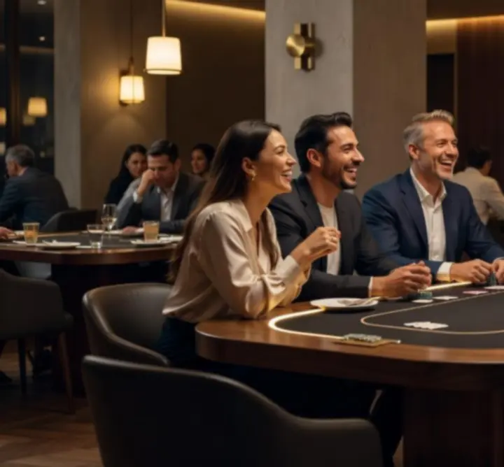 Elegantní večerní pokerový stůl v designovém interiéru Ceska Klub Zona se smějícími se hosty.
