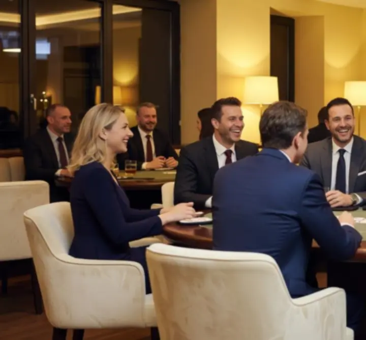 Elegantní lounge Ceska Klub Zona s pokerovými stoly a večerní atmosférou