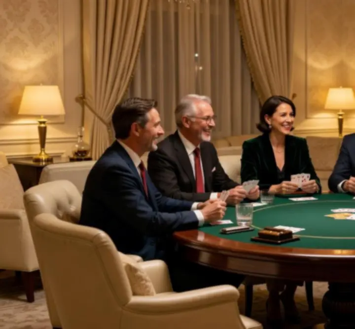 Skupina hostů u pokerového stolu v příjemné společenské atmosféře