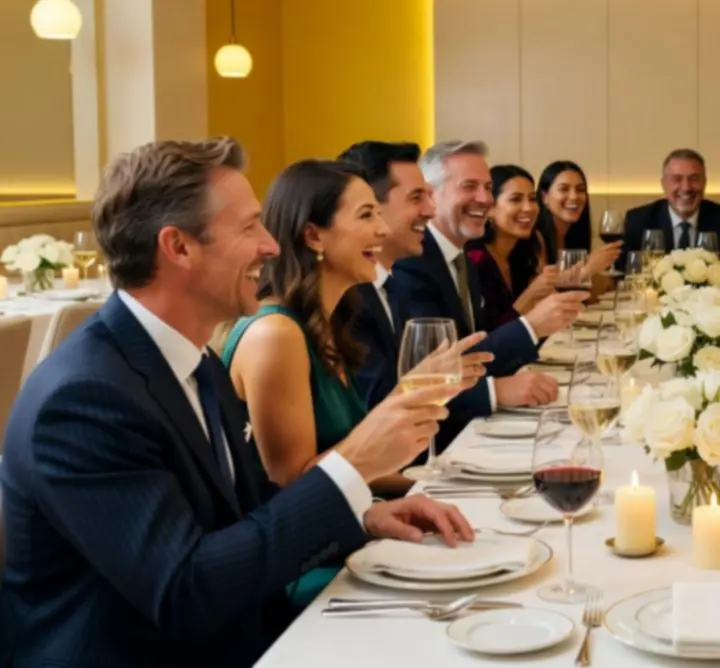 Společenská večeře hostů v Ceska Klub Zona u elegantně prostřeného stolu